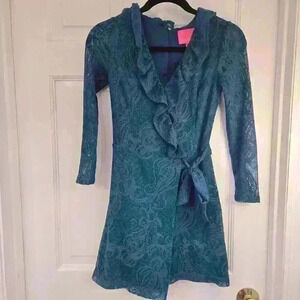 Lilly Pulitzer Tiki Ruffle Wrap Romper Size XXS Inky Tidal Lace